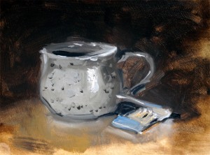 Still life oil painting of some matches and a mug