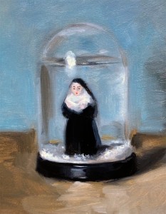 Still life oil painting of a singing nun in a snowstorm