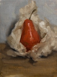 Still life oil painting of a red pear in paper by Helen Davison