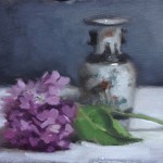Still life oil painting of a hydrangea and Chinese vase by Helen Davison