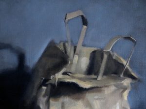 Detail of 'White Jug, Brown Bag'. Still life oil painting on linen, 16" x 20"