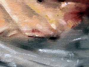 Detail from a still life painting of a pig's head. Oil on linen, 24" x 20"