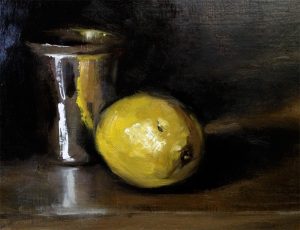 Still life oil painting of a lemon and silver beaker by Helen Davison