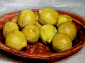 Still life oil painting of lemons in a red dish by Helen Davison