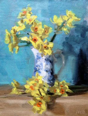 Still life oil painting of narcissus and blue jug by Helen Davison