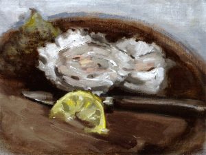 Still life oil painting of native oysters by Helen Davison
