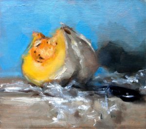 Still life oil painting of squash knife and cling film by Helen Davison