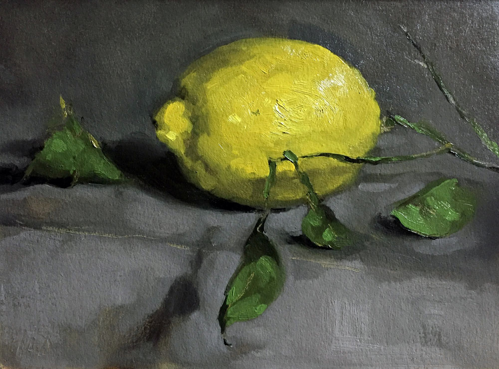 Still life oil painting of a lemon with its leaves by Helen Davison