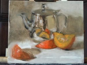 WIP Still life oil painting of a squash with shiny teapot by Helen Davison