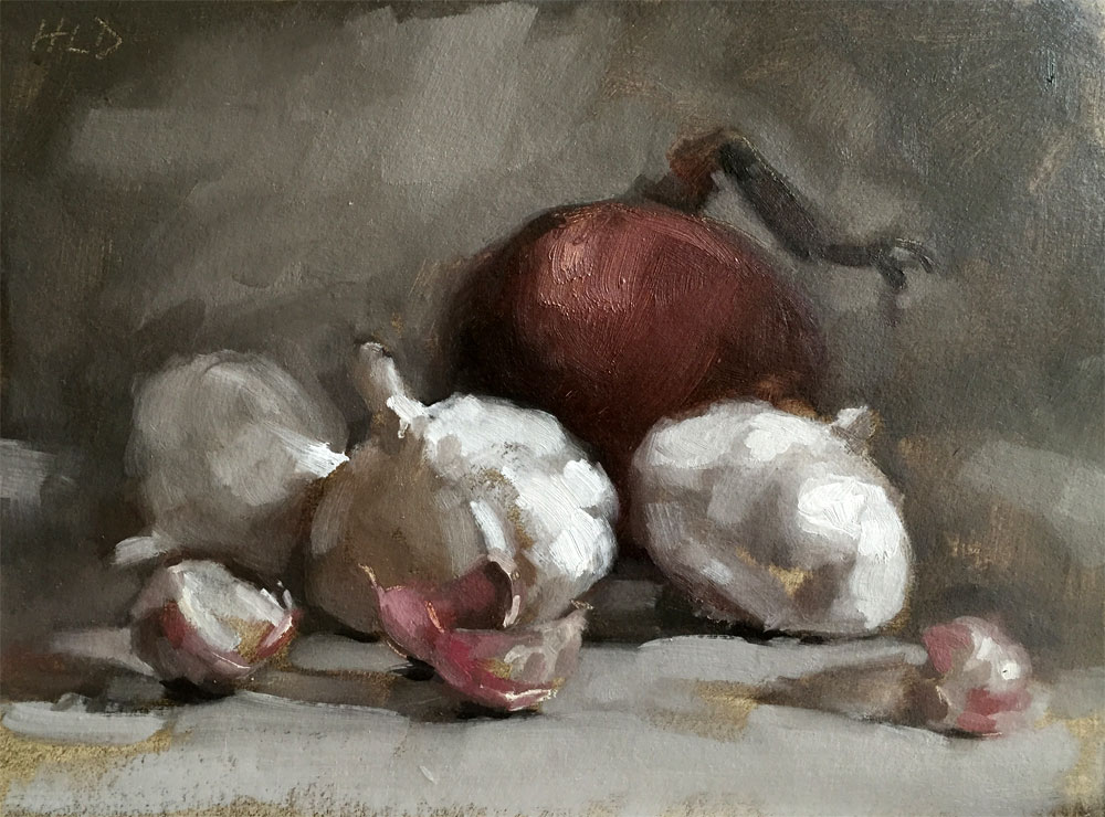 Still life oil painting of some garlic bulbs and a red onion by Helen Davison
