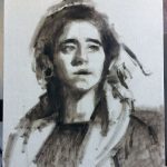 'MaJo' work in progress. Oil portrait on linen, life size by Helen Davison