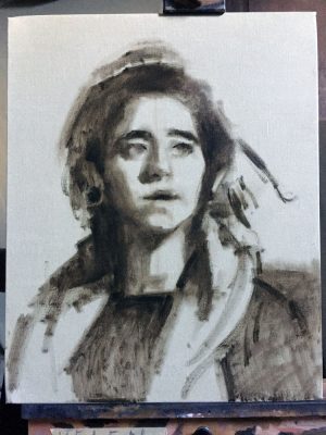'MaJo' work in progress. Oil portrait on linen, life size by Helen Davison