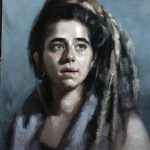 'MaJo' work in progress. Oil portrait on linen, life size by Helen Davison