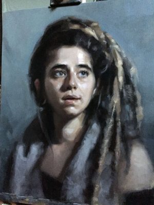 'MaJo' work in progress. Oil portrait on linen, life size by Helen Davison