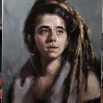 'MaJo' work in progress. Oil portrait on linen, life size by Helen Davison