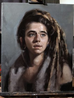 'MaJo' work in progress. Oil portrait on linen, life size by Helen Davison