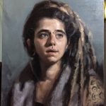 'MaJo' work in progress. Oil portrait on linen, life size by Helen Davison