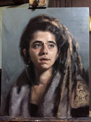 'MaJo' work in progress. Oil portrait on linen, life size by Helen Davison