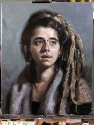 'MaJo' work in progress. Oil portrait on linen, life size by Helen Davison
