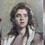 'MaJo' work in progress. Oil portrait on linen, life size by Helen Davison