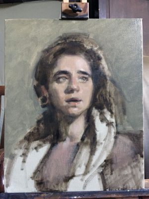 'MaJo' work in progress. Oil portrait on linen, life size by Helen Davison
