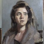 'MaJo' work in progress. Oil portrait on linen, life size by Helen Davison