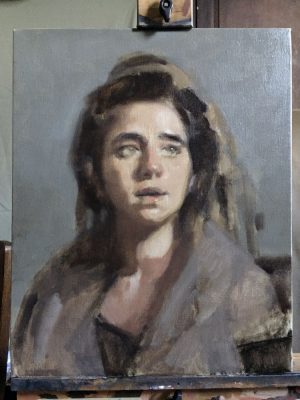 'MaJo' work in progress. Oil portrait on linen, life size by Helen Davison