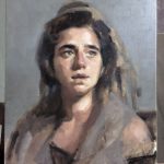 'MaJo' work in progress. Oil portrait on linen, life size by Helen Davison