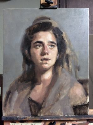 'MaJo' work in progress. Oil portrait on linen, life size by Helen Davison