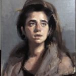 'MaJo' work in progress. Oil portrait on linen, life size by Helen Davison
