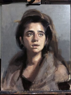 'MaJo' work in progress. Oil portrait on linen, life size by Helen Davison