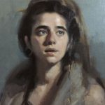 'MaJo' work in progress. Oil portrait on linen, life size by Helen Davison