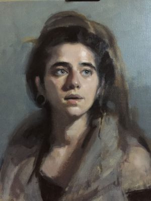 'MaJo' work in progress. Oil portrait on linen, life size by Helen Davison