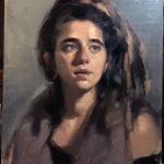 'MaJo' work in progress. Oil portrait on linen, life size by Helen Davison