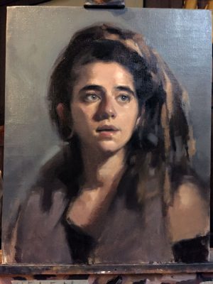 'MaJo' work in progress. Oil portrait on linen, life size by Helen Davison