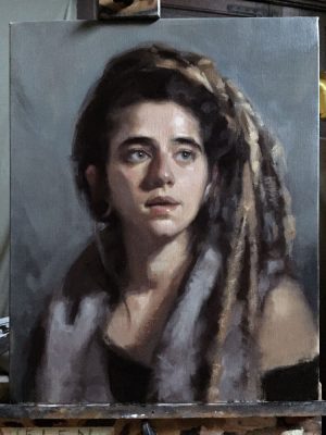 'MaJo' work in progress. Oil portrait on linen, life size by Helen Davison