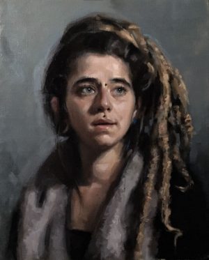 'MaJo'. Oil portrait on linen, life size. 2016 by Helen Davison