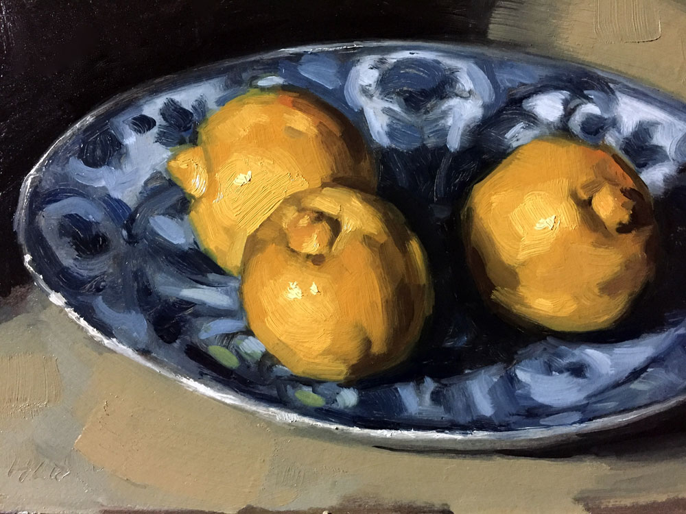 Still life oil painting of bergamots on a Delft plate by Helen Davison