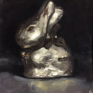 Still life oil painting of a foil wrapped Lindt Bunny by Helen Davison